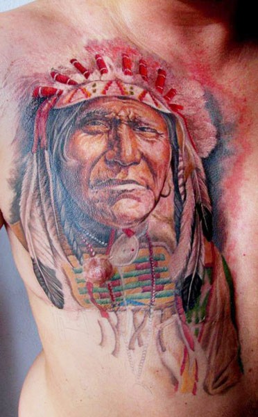 彩色北美土著肖像胸部纹身图案