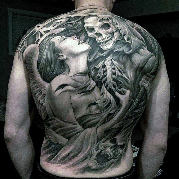 神秘的黑白天使与死神满背纹身图案