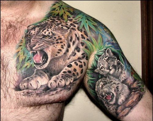 半甲很酷的彩色豹子家庭纹身图案