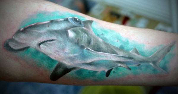 难以置信的逼真彩色鲨鱼手臂纹身图案