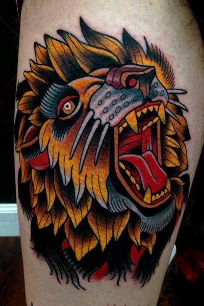 大腿彩色惊人的咆哮狮子头纹身图案
