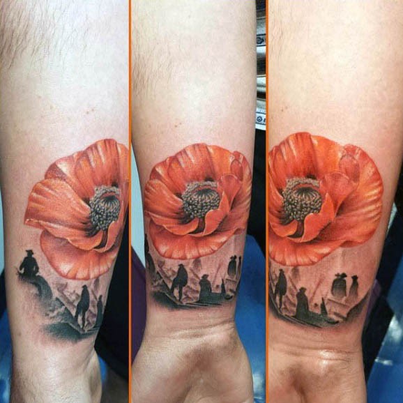 手腕3D红色罂粟花与人像纹身图案