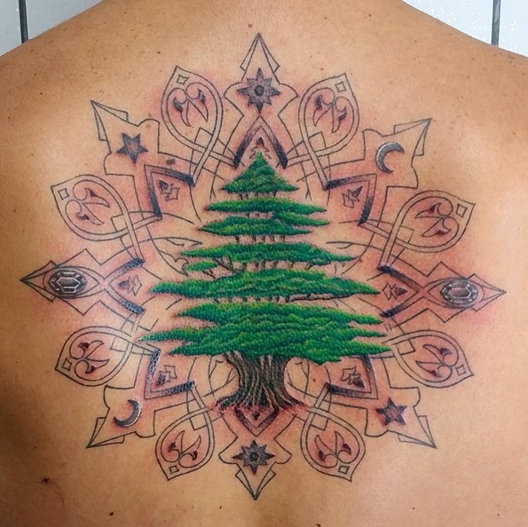 背部3D彩色的树和各种神秘饰品纹身图案