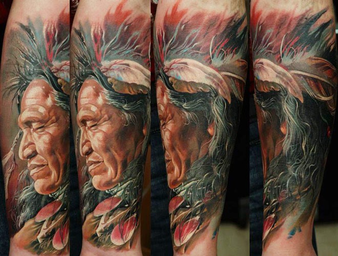 手臂美丽的写实北美土著肖像纹身图案