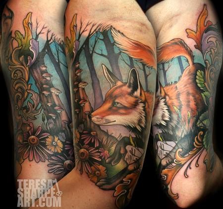 old school丰富多彩的狐狸和森林手臂纹身图案