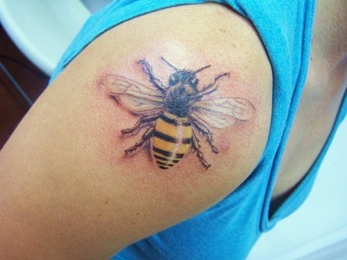 肩部3D逼真的蜜蜂彩色纹身图案