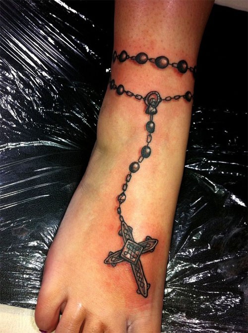 脚背串珠十字架个性纹身图案