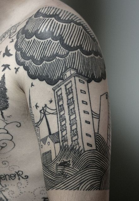 手臂黑色线条房子和洪水纹身图案