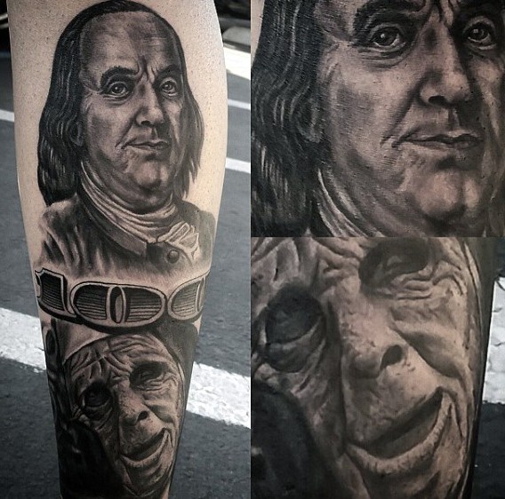 小腿有趣的黑白美元法案肖像和怪物脸纹身图案