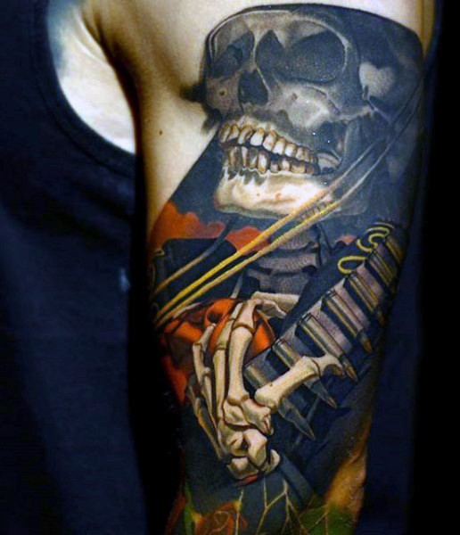 手臂非常漂亮的彩色骷髅骨架弹吉他纹身图案