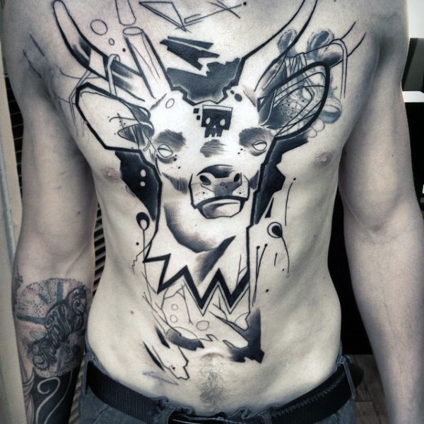 腹部抽象风格黑白神秘鹿与骷髅纹身图案