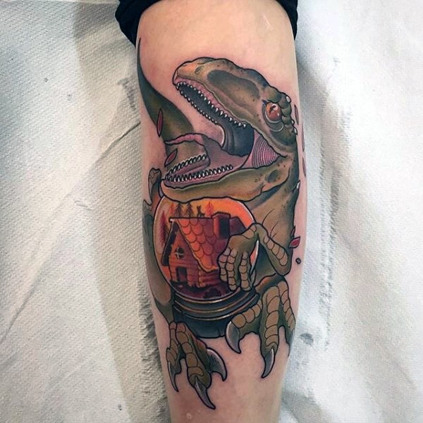 new school彩色的恐龙和森林房子手臂纹身图案