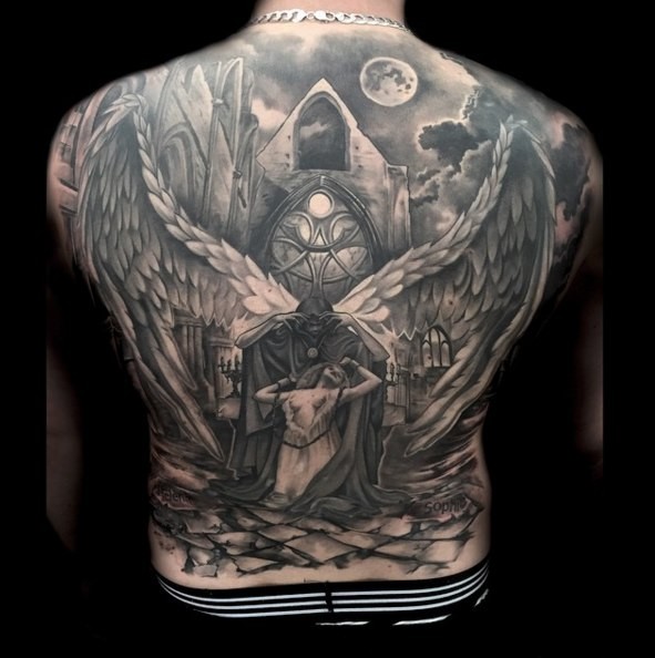 幻想风格的黑色死亡女性与天使和教堂纹身图案