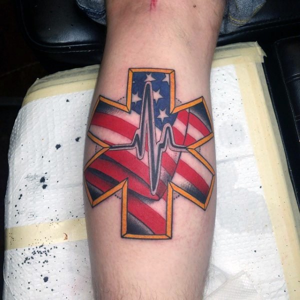 小腿美国国旗彩色医疗标志纹身图案