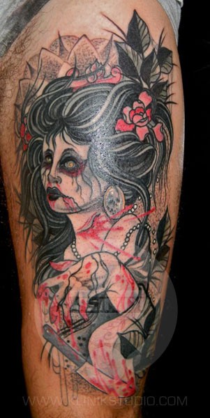 old school手臂彩色的僵尸女性与鲜花纹身图案