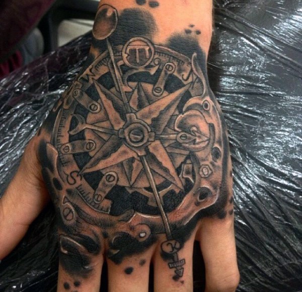 手背抽象风格的黑色神秘指南针纹身图案