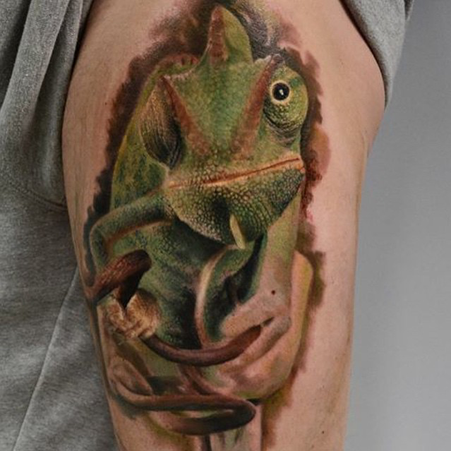 写实风格彩色自然蜥蜴手臂纹身图案