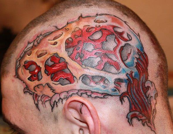 头部可怕的3D风格大脑纹身图案