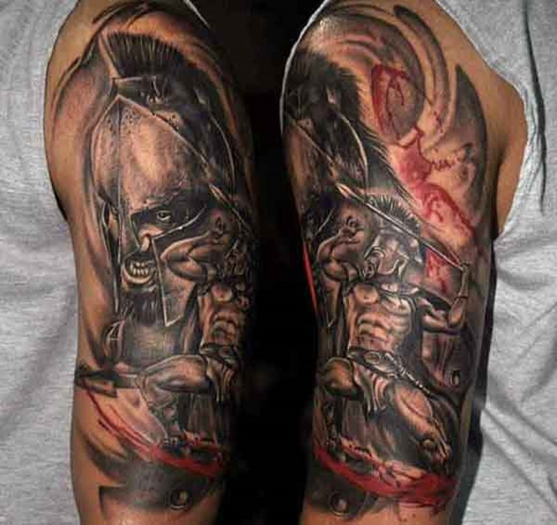 黑白愤怒的斯巴达战士手臂纹身图案