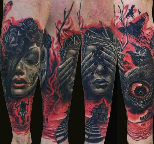 彩色恐怖风格令的神秘女人乌鸦和房子手臂纹身图案