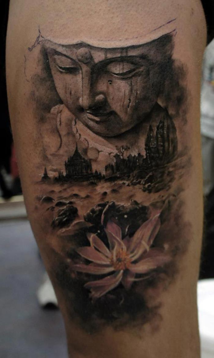 黑色的古城和如来佛祖雕像莲花手臂纹身图案