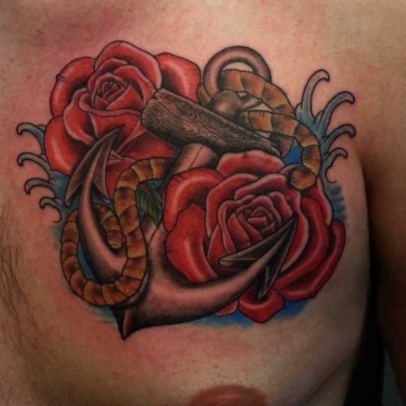 胸部old school红玫瑰和船锚纹身图案