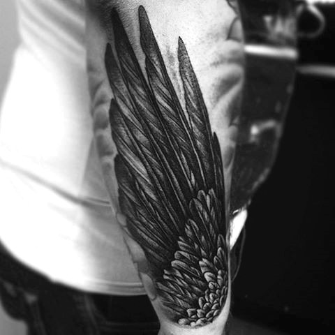 手臂简单的黑色精美羽毛翅膀纹身图案