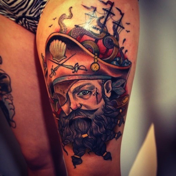 大腿彩色的海盗头像纹身图案