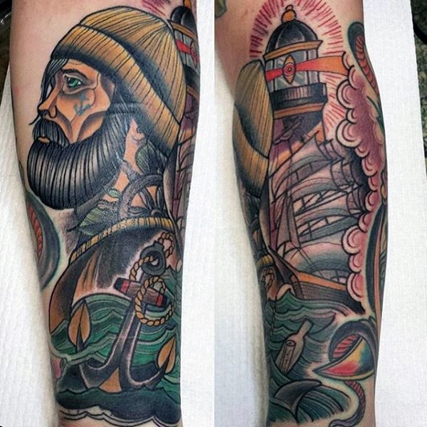 old school航海帆船和水手船锚纹身图案