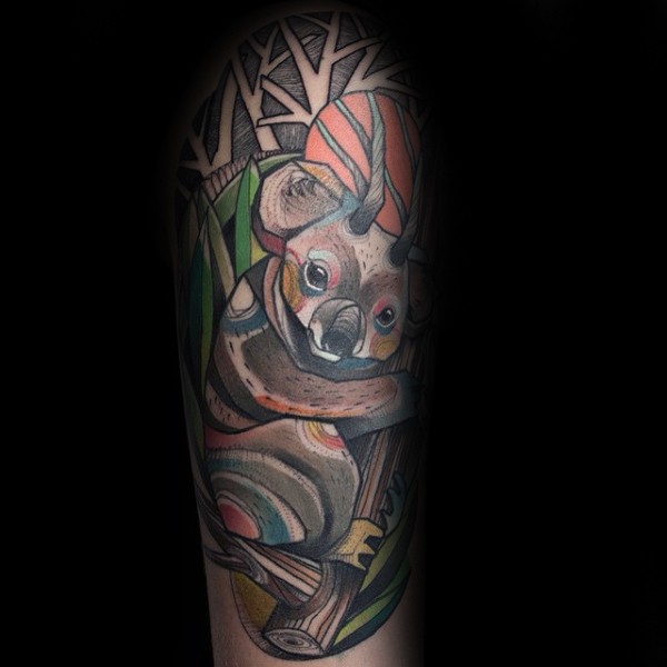 奇怪的彩色考拉熊和鹿角手臂纹身图案