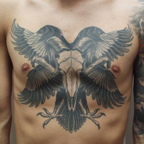 胸部惊人的黑色羊头骨与乌鸦纹身图案