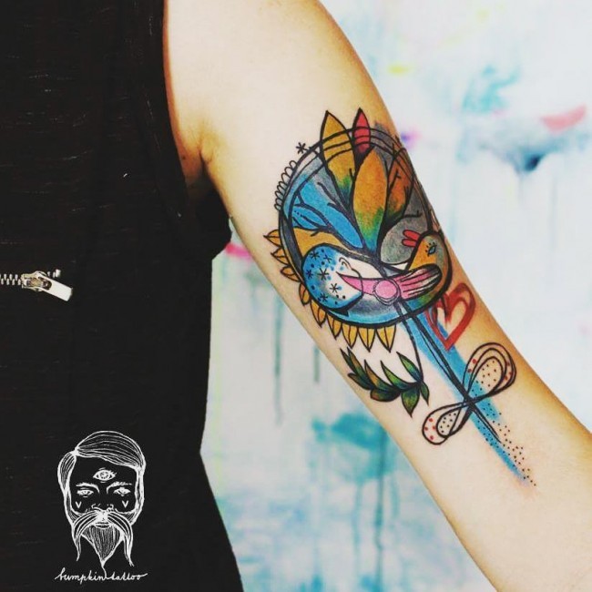 old school花朵小鸟和心形彩色手臂纹身图案