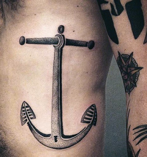 有趣的黑色点刺大船锚侧肋纹身图案