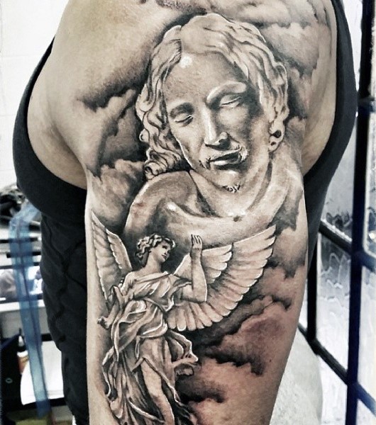 手臂3D的黑白大天使纹身图案