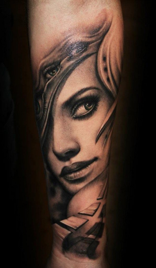 手臂3D黑色的神秘女性肖像纹身图案
