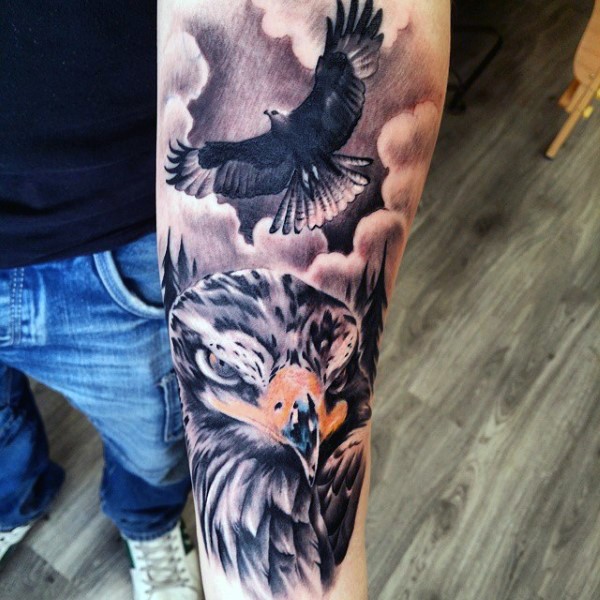 手臂彩色锐利的鹰纹身图案