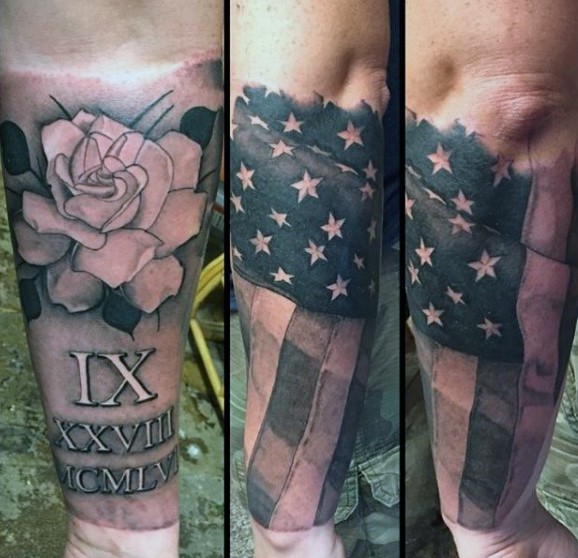 手臂黑白美国国旗和玫瑰字母纹身图案