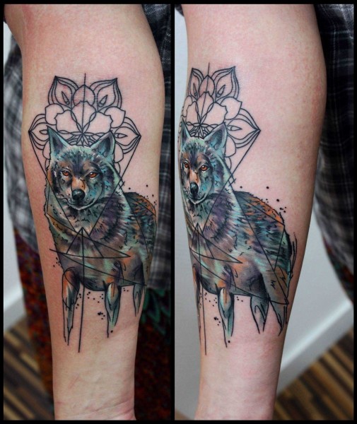 手臂彩色大狼与观赏花卉纹身图案