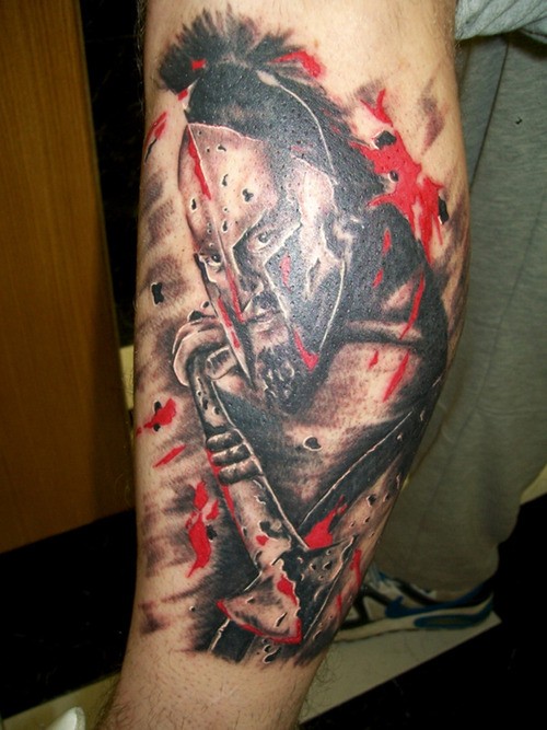 小腿很酷的3D绘色血腥斯巴达战士纹身图案