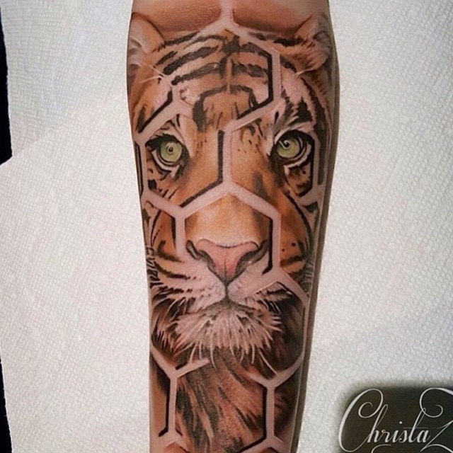 手臂3D风格彩色的老虎几何纹身图案