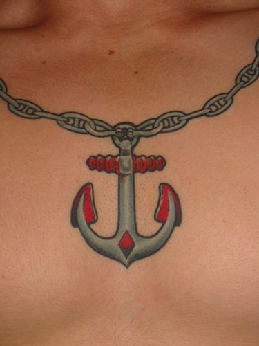 颈部铁链和船锚彩色纹身图案