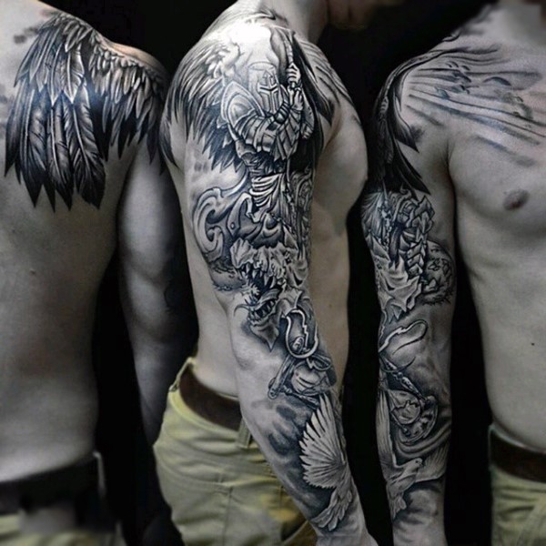 手臂黑白幻想天使战士与龙和鸽子纹身图案