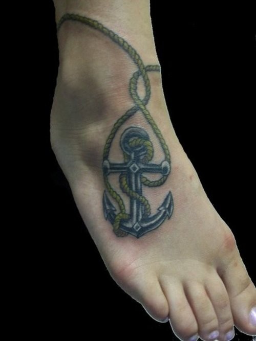 脚背船锚和绳子彩色纹身图案