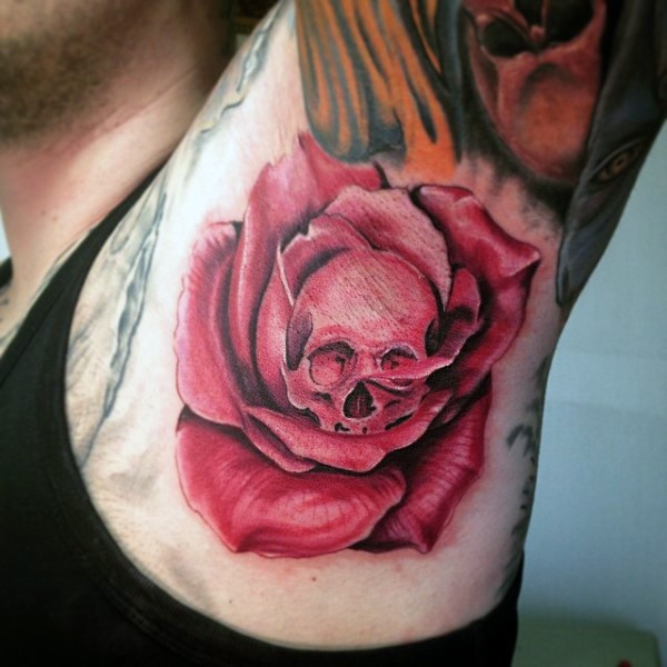 红色的玫瑰结合骷髅手臂纹身图案