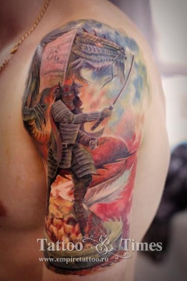 大臂插画风格的恶魔战士和龙纹身图案