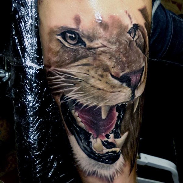 手臂写实风格的彩色狮子头纹身图案