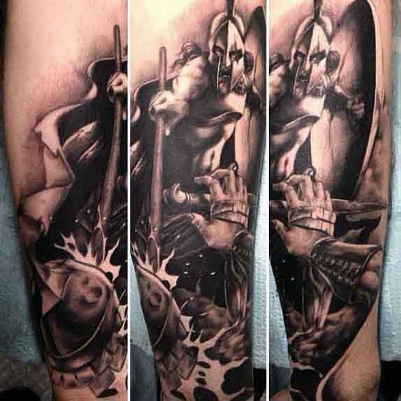 小臂3D黑白的斯巴达战士战斗纹身图案