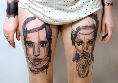 大腿抽象素描风格的男女肖像纹身图案