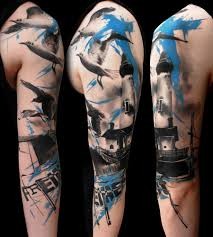 手臂抽象风格的彩色灯塔与鸟类纹身图案