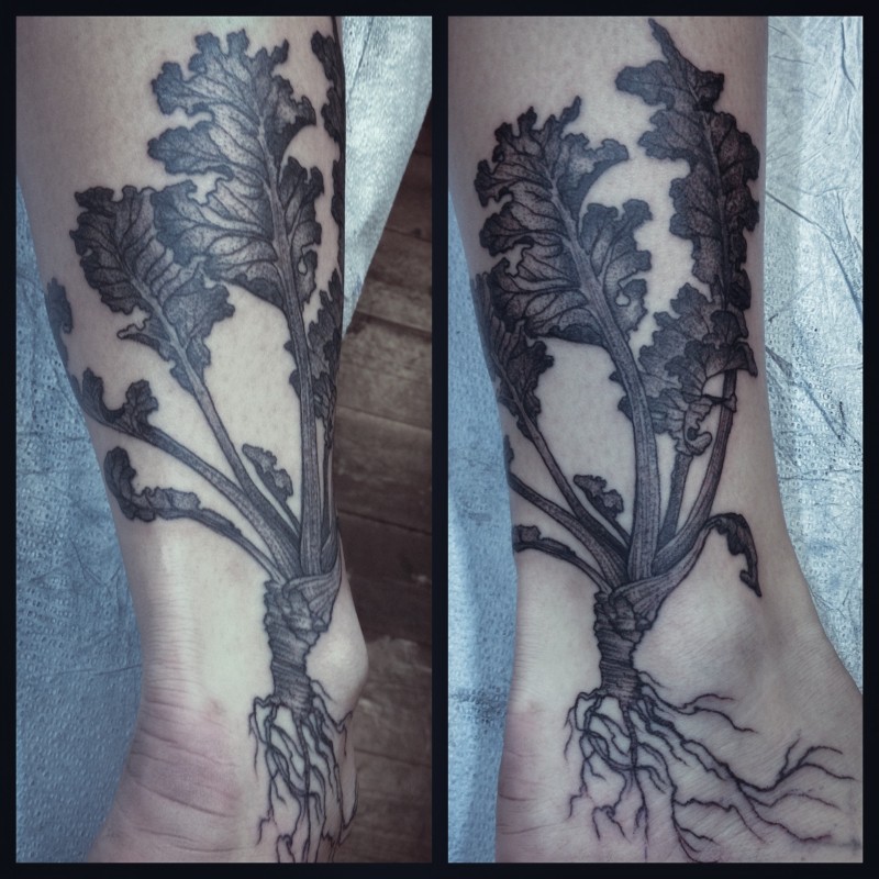 黑色的完整小植物脚踝纹身图案